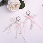 Pearl Bow Keychain Pink Satin Ribbon Resin Metal 2pcs