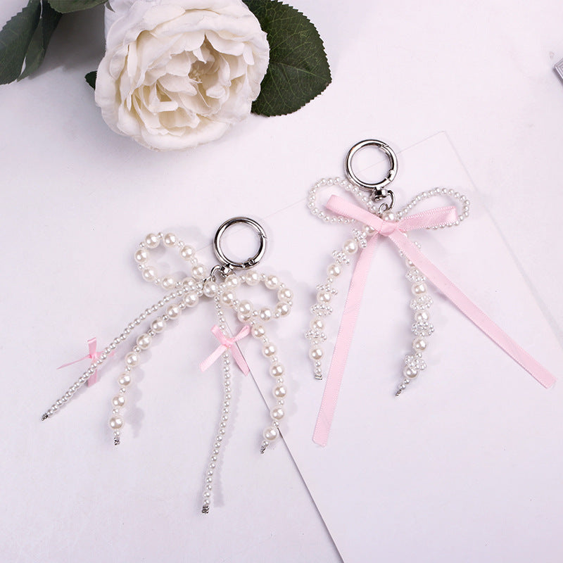 Pearl Bow Keychain Pink Satin Ribbon Resin Metal 2pcs