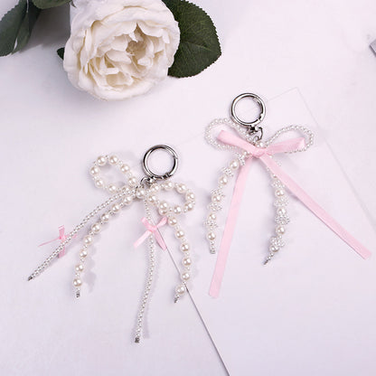 Pearl Bow Keychain Pink Satin Ribbon Resin Metal 2pcs