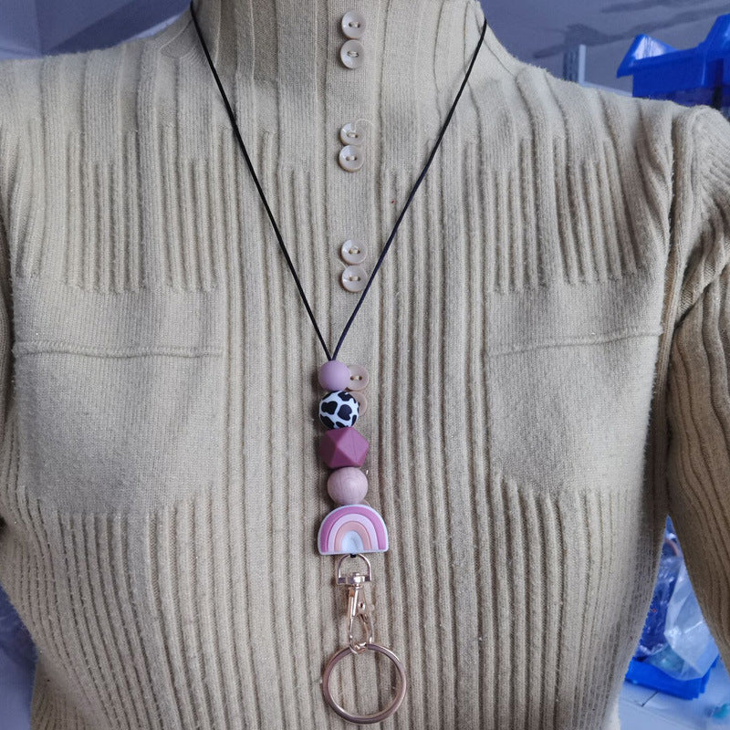 Silicone Rainbow Beaded Keychain Necklace with Leopard Print Accent 3