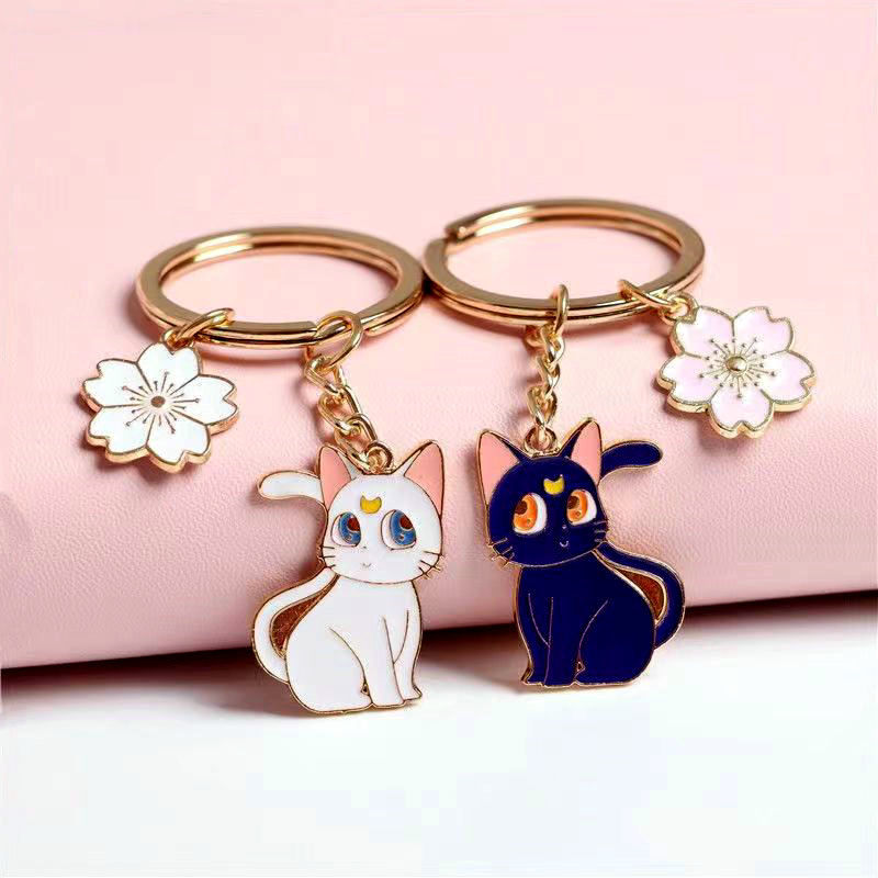 Alloy Cherry Blossom Cat Keychain Cute Enamel Feline Charm