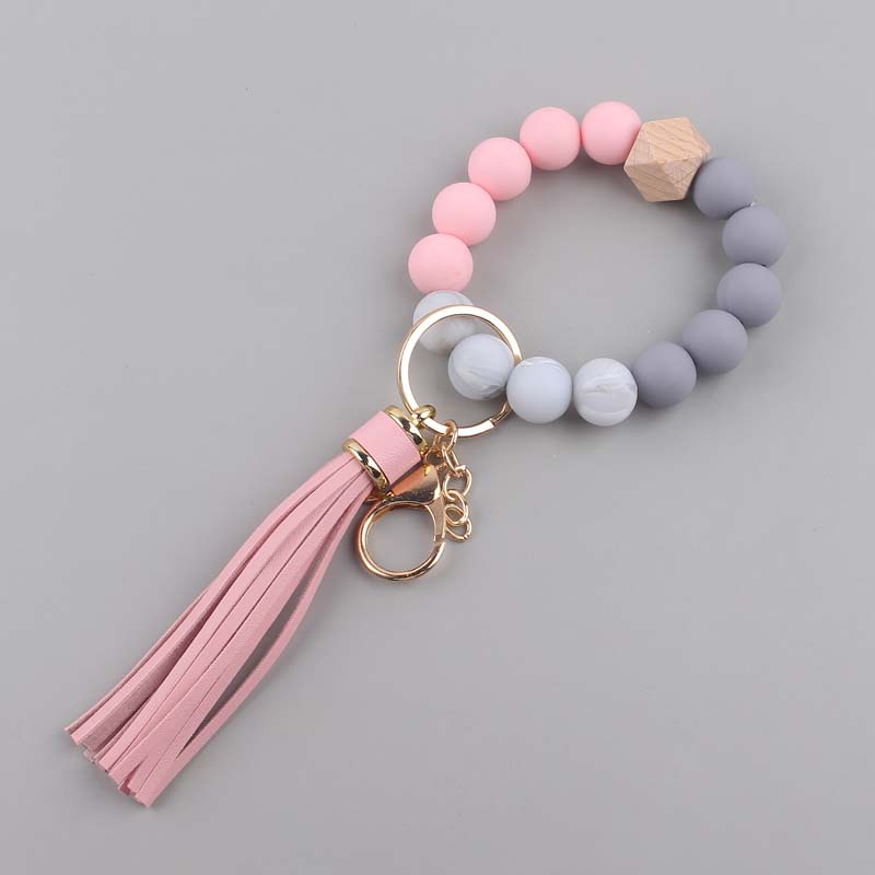 Silicone Beaded Wristlet Keychain with Leather PU Tassel in Pastel Colors 6