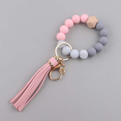 Silicone Beaded Wristlet Keychain with Leather PU Tassel in Pastel Colors 6