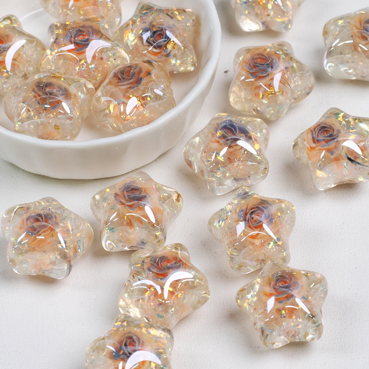 Glitter Rose Star Resin Beads 22mm Sparkle Mixed Colors 10pcs 11