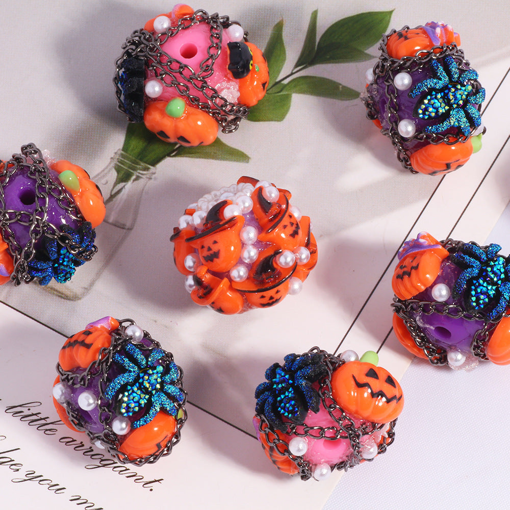 Embellished Halloween Clay Beads 28mm Pumpkin Spider Cat 5pcs 3