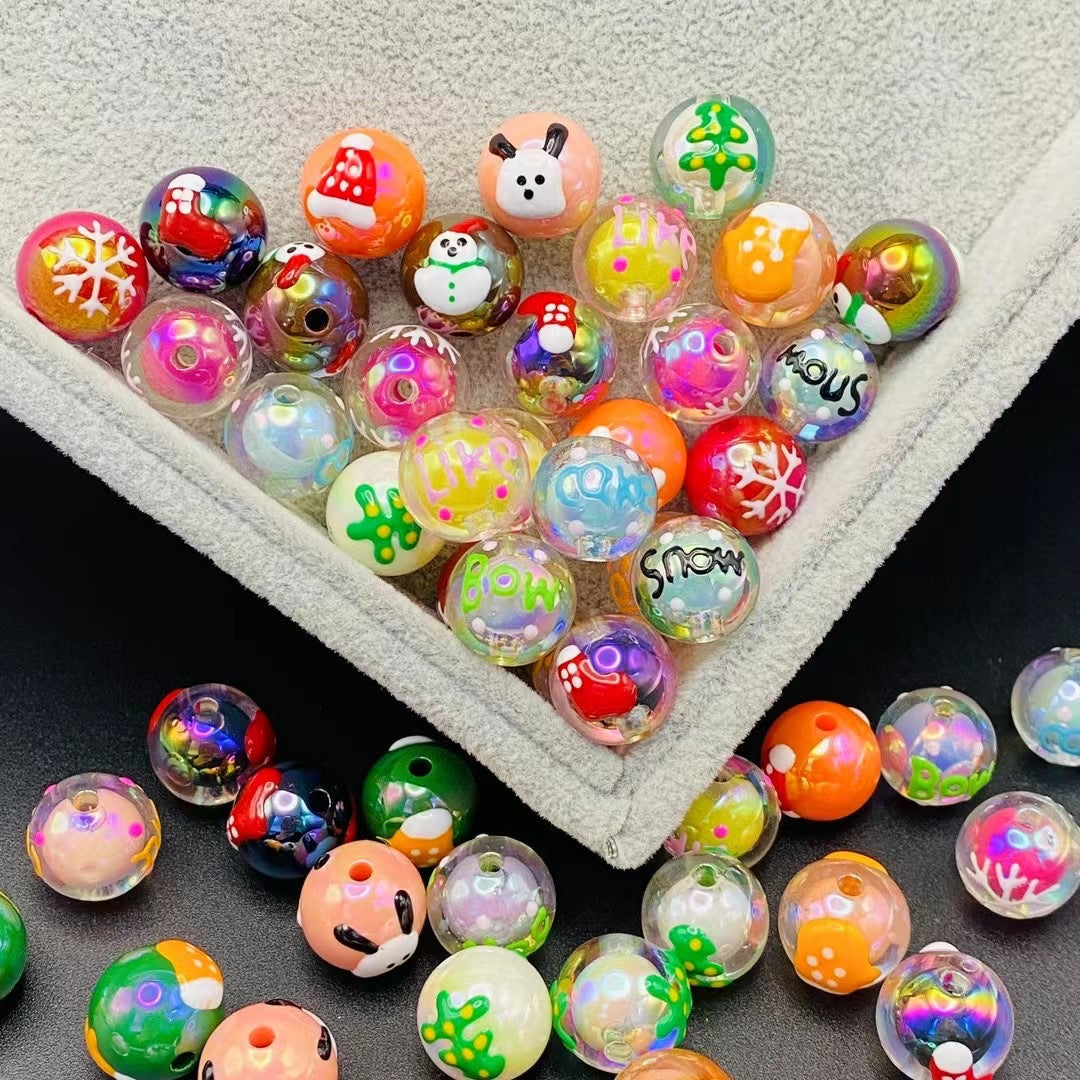 Hand Painted Snowman Acrylic Beads 16mm Glossy Plated 2pcs 2