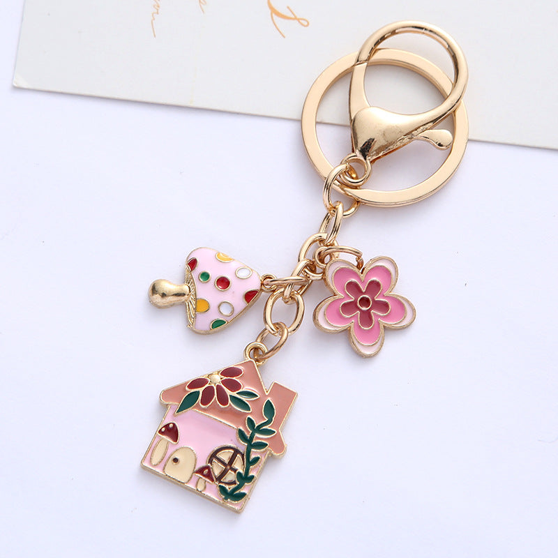 Alloy Cute House Flower Keychain Colorful Mushroom Charm 4