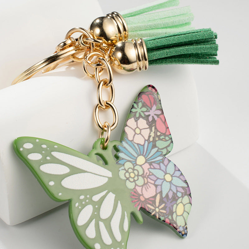 Metal Butterfly Tassel Keychain Green Floral Mosaic Charm 2