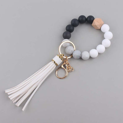 Silicone Beaded Wristlet Keychain with Leather PU Tassel in Pastel Colors 10