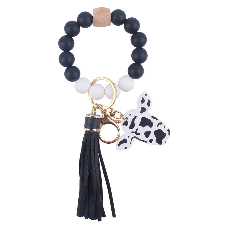 Western Cow Silicone Bead Wristlet Keychain with Faux Leather Tassel 12