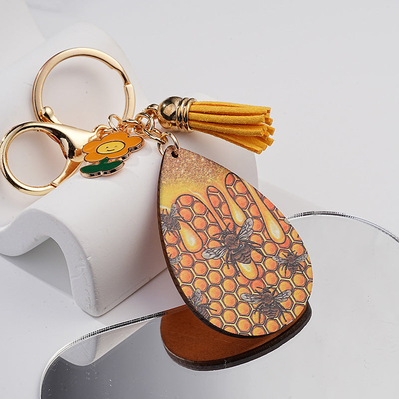 Honeycomb Keychain Metal Golden Bees Tassel Nature Design 2