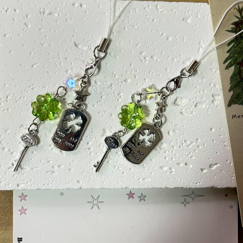 Clear Four-leaf Clover Acrylic Phone Charm with Vintage Key Silver 3pcs