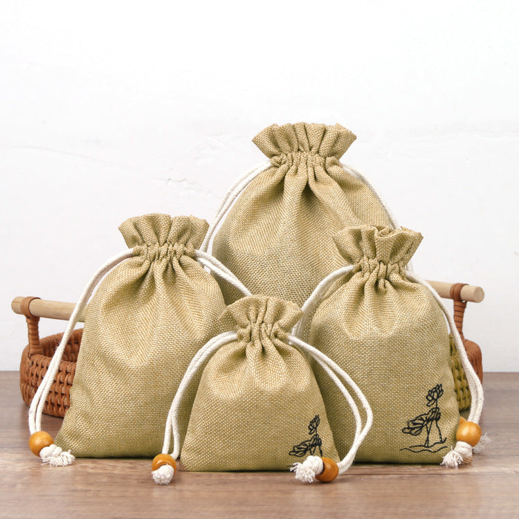 Cotton Linen Drawstring Bags Colorful Lotus Print 8x10-12x15cm 2pcs 6