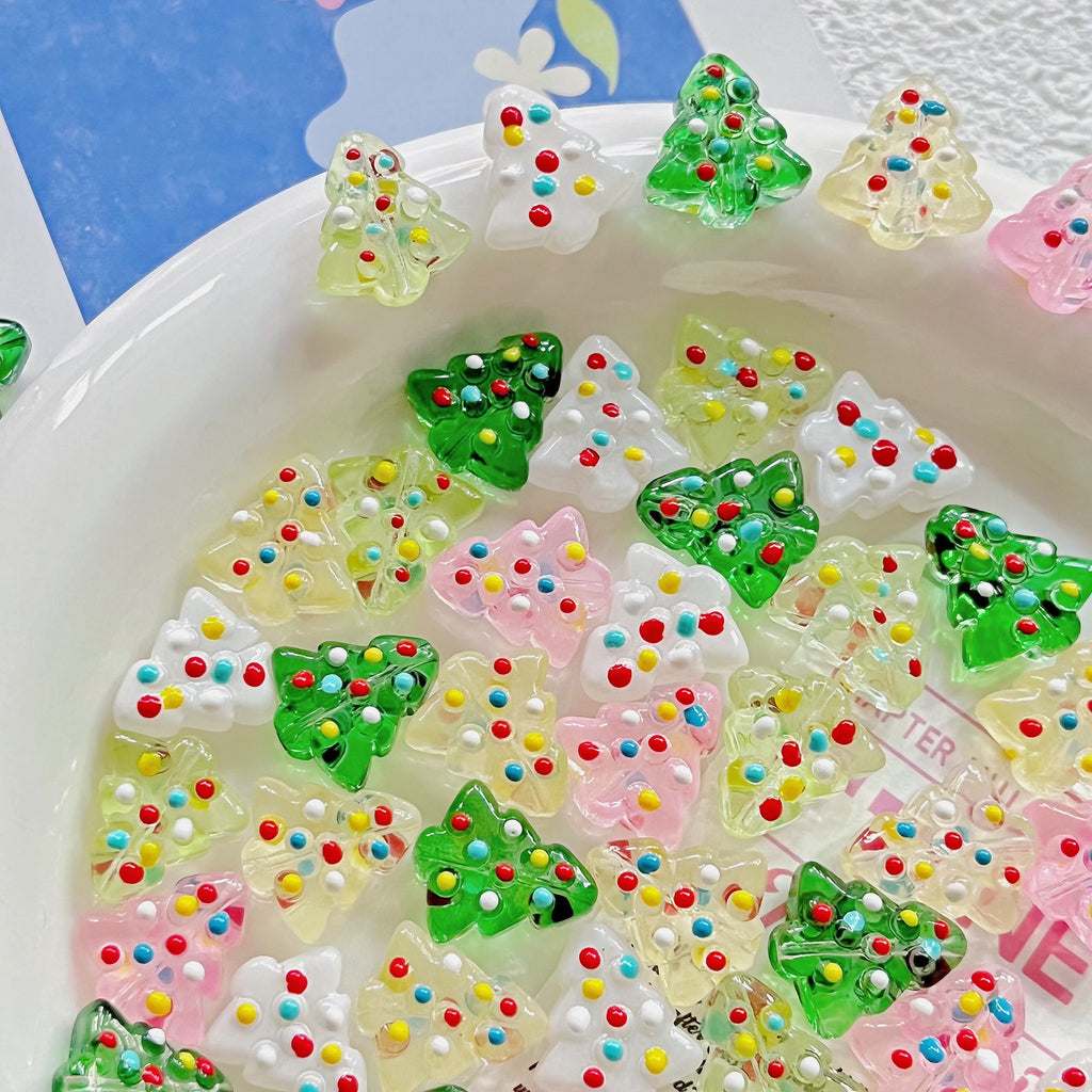 Hand Painted Christmas Tree Enamel Glass Beads 16mm 1pc 2