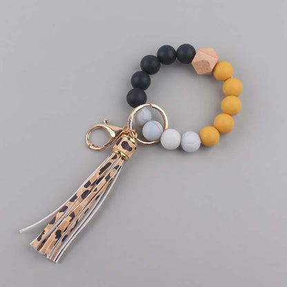 Silicone Beaded Wristlet Keychain with Leather PU Tassel in Pastel Colors 9