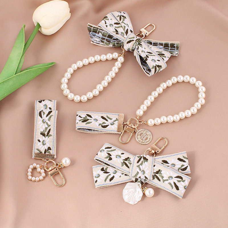 Fabric Woven Pearl Bow Keychain Vintage Floral Accessory