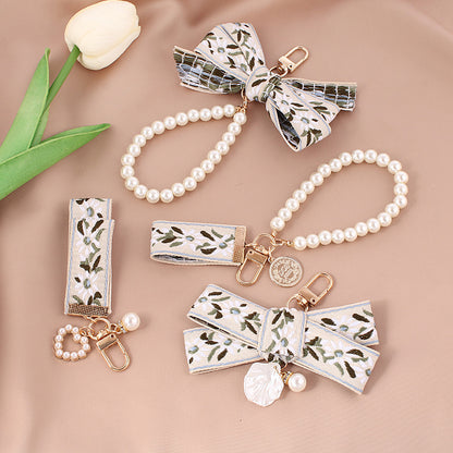 Fabric Woven Pearl Bow Keychain Vintage Floral Accessory