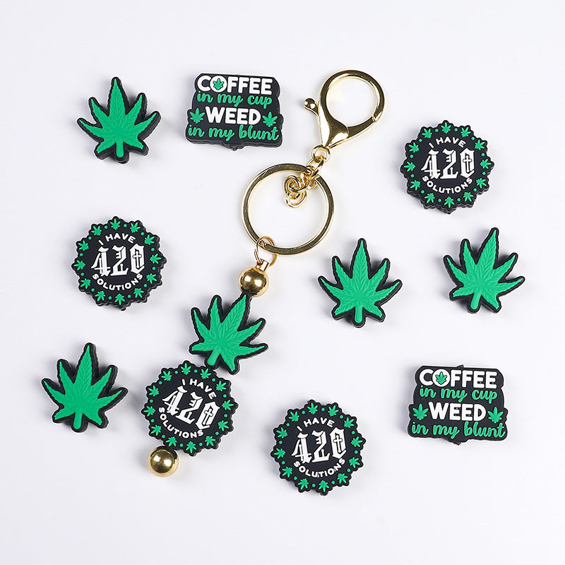 Silicone Focal Beads Green Leaves Bold Text Coffee 420 Design 20pcs 2