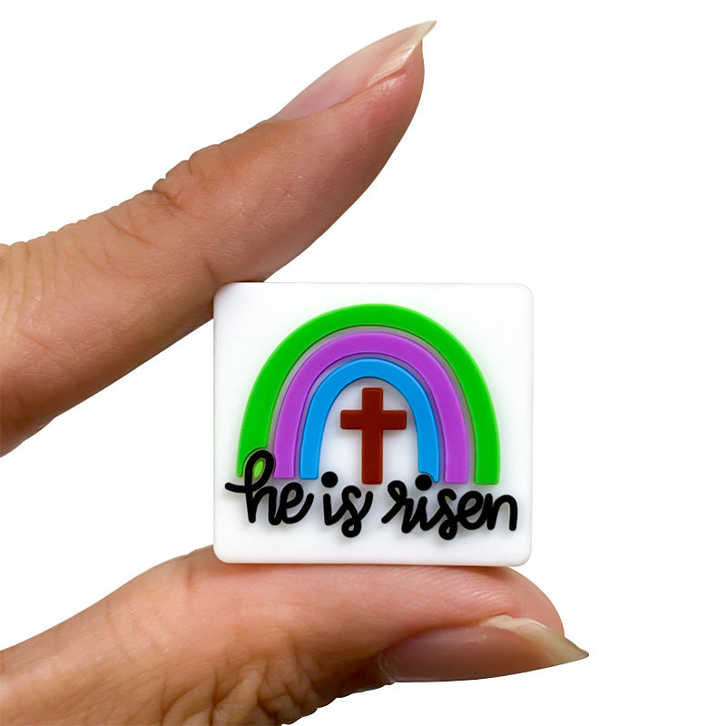 Silicone Focal Beads Rainbow Cross With He Is Risen Text 20pcs 4