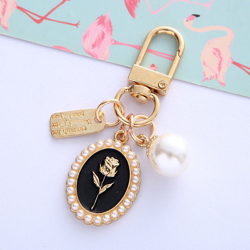 Vintage Gold Rose Pearl Keychain Zinc Alloy Black White 3