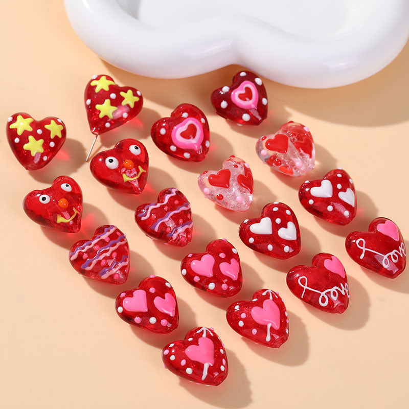 Hand Painted Heart Glass Beads 20mm Red Enamel 2pcs 3