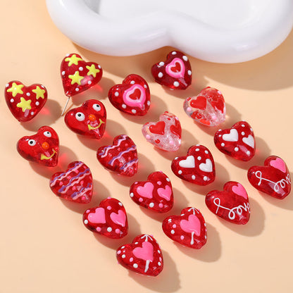 Hand Painted Heart Glass Beads 20mm Red Enamel 2pcs 3