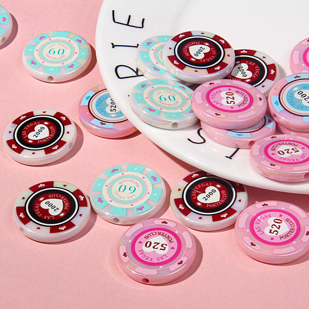Chip Card Flat Acrylic Beads 32mm Colorful Printed 10pcs 3