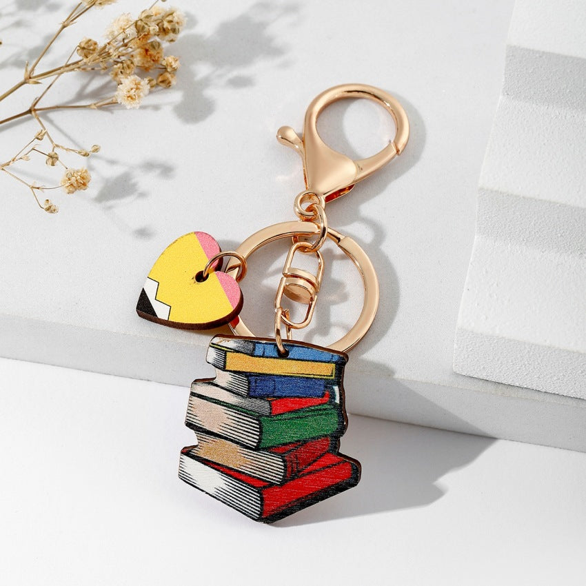 Wood Teacher Keychain Set Rainbow Apple Pencil Bouquet 2pcs 6