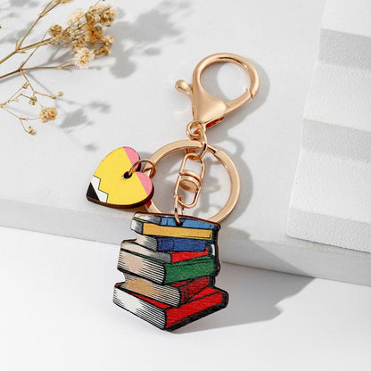 Wood Teacher Keychain Set Rainbow Apple Pencil Bouquet 2pcs 6