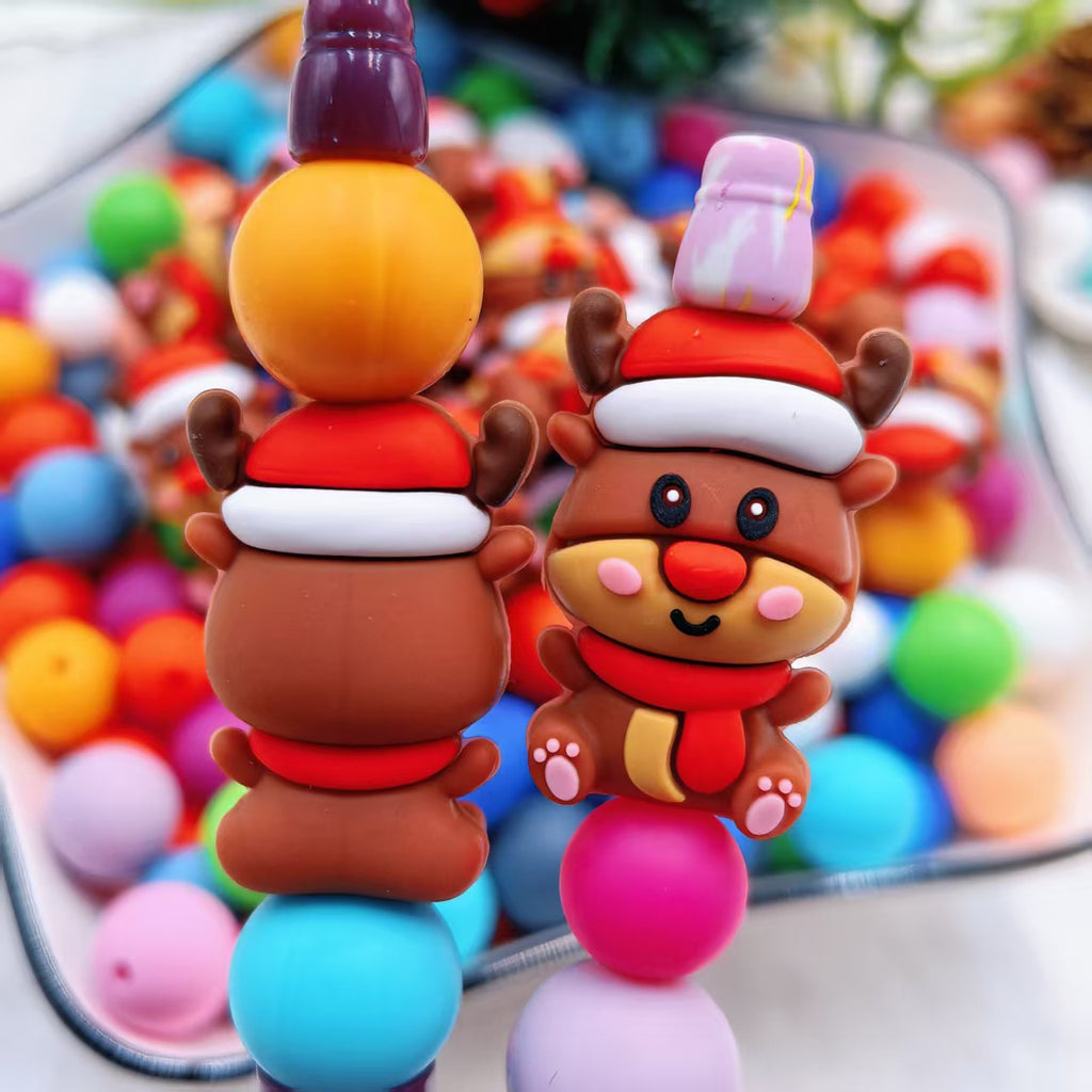 Silicone 3D Focal Beads Christmas Deer Doll Wearing Santa Hat 20pcs 4