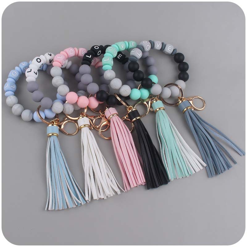 Silicone Bead LOVE Wristlet Keychain with Tassel Charm 4