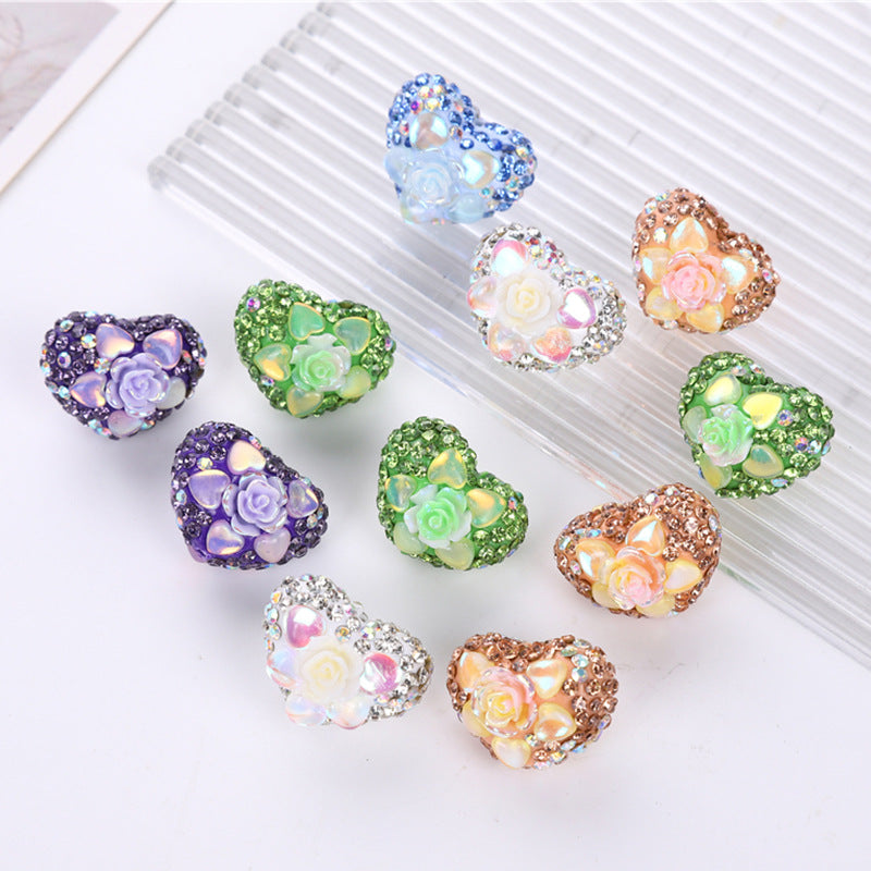 Rhinestone Heart Clay Beads 23mm Peach Blossoming Rose 10pcs 3