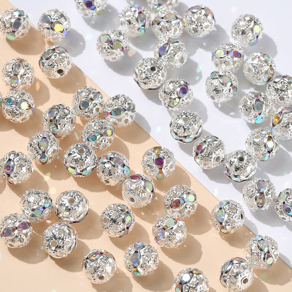 Floral Round Alloy Rhinestone Beads 6mm 8mm Silver Filigree 10pcs 3