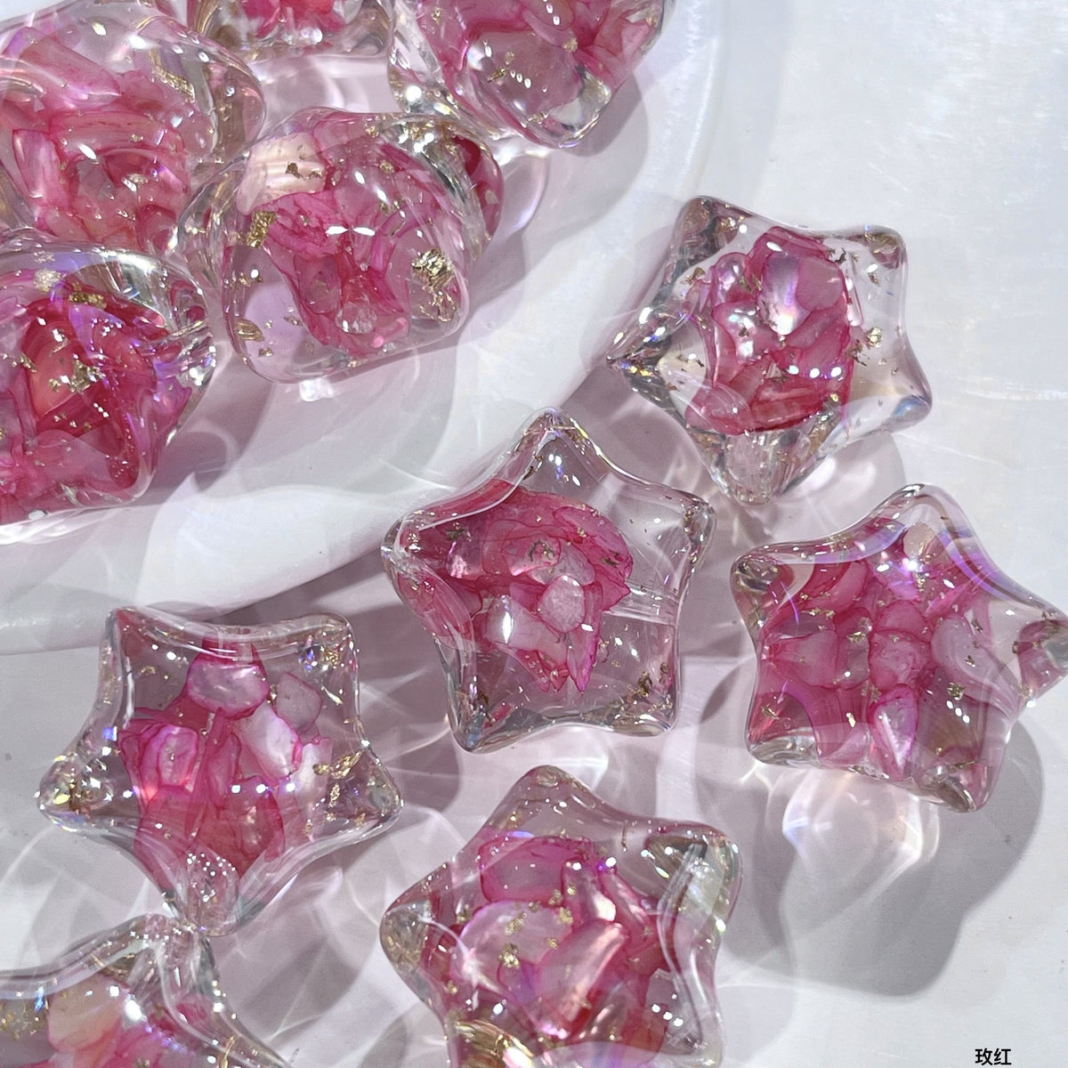 Clear Floral Star Resin Beads 22mm Translucent with Gold Flakes 10pcs 2