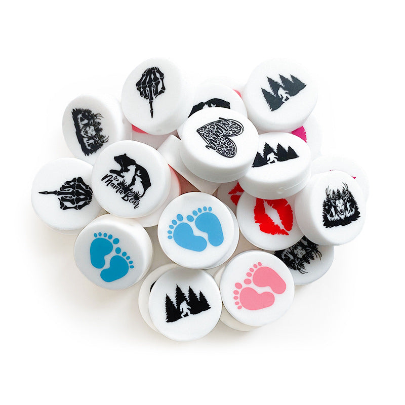 Silicone Focal Beads Nature Theme Circle Badge Love Mom 10pcs 2