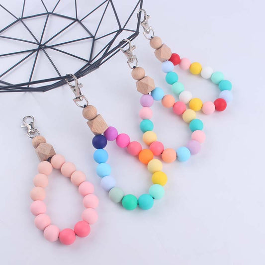Silicone Beaded Wristlet Keychain with Octagonal Wood Accent Colorful 2