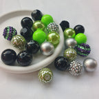 Bubblegum Beads 20mm Black Neon Green Silver Glitter Chunky Mix 50pcs 4