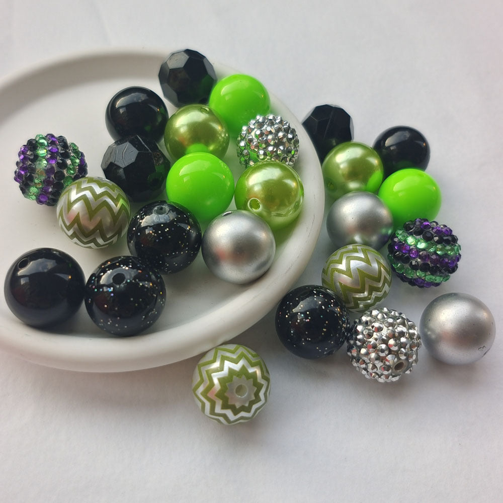 Bubblegum Beads 20mm Black Neon Green Silver Glitter Chunky Mix 50pcs 4