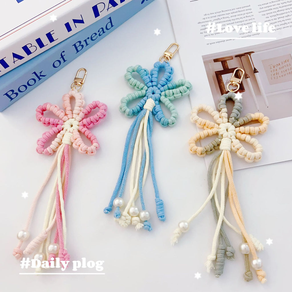 Crochet Flower Keychain Variegated Cotton Cord Pearl Tassels 24cm 2