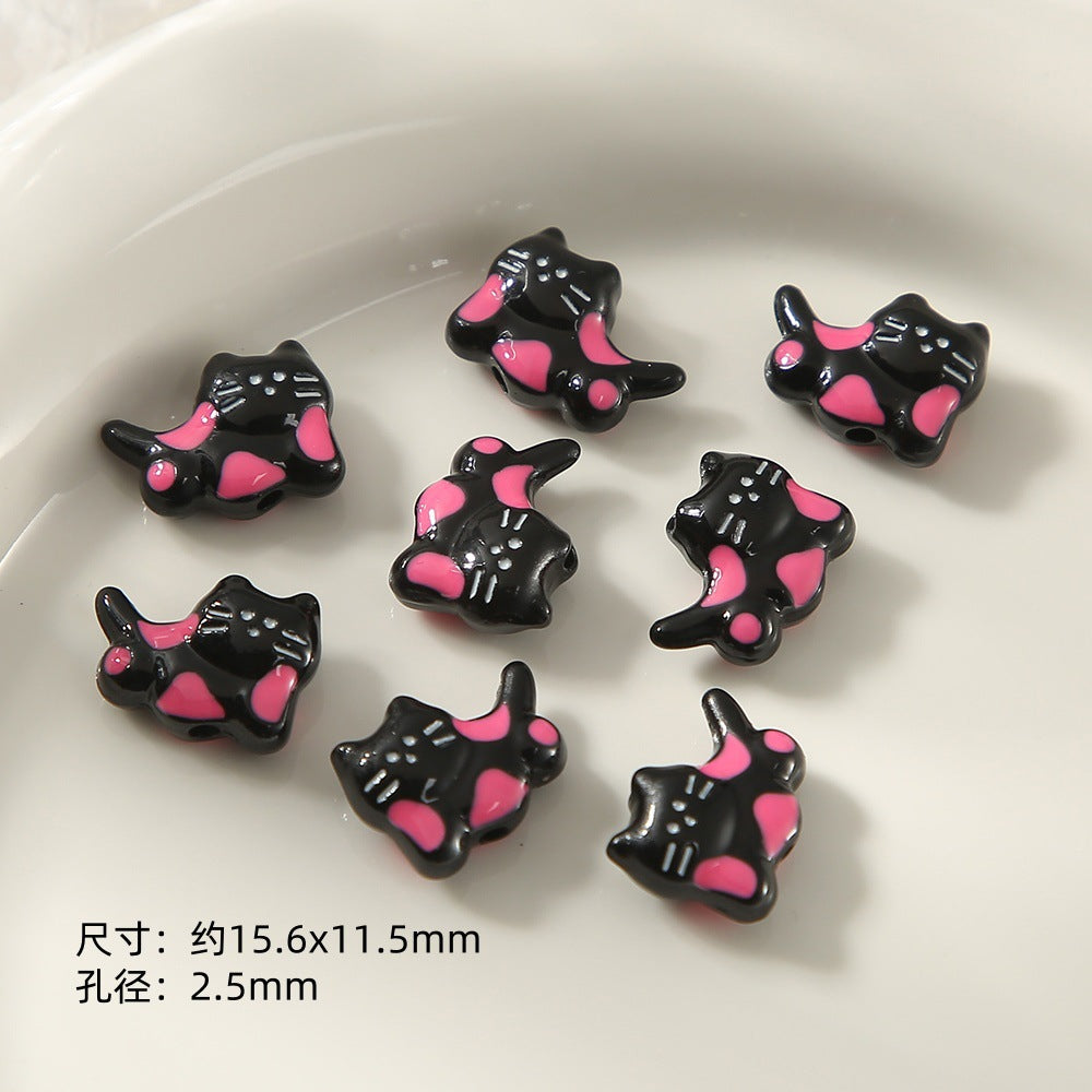 Kitten Series Metal Beads Black and Pink Enamel Alloy 10pcs 21