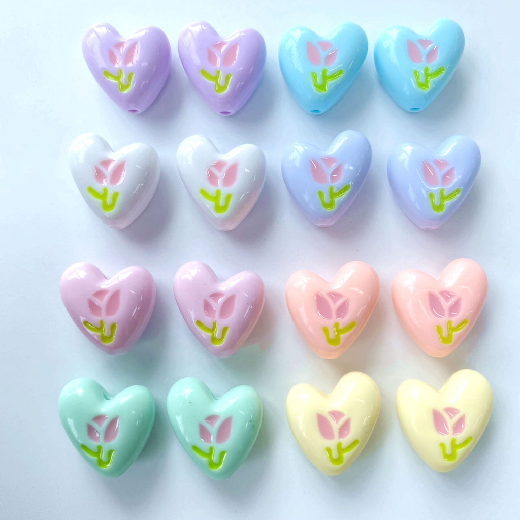 Hand Painted Heart Acrylic Beads 20mm Summer Tulip Pastel 100pcs 4