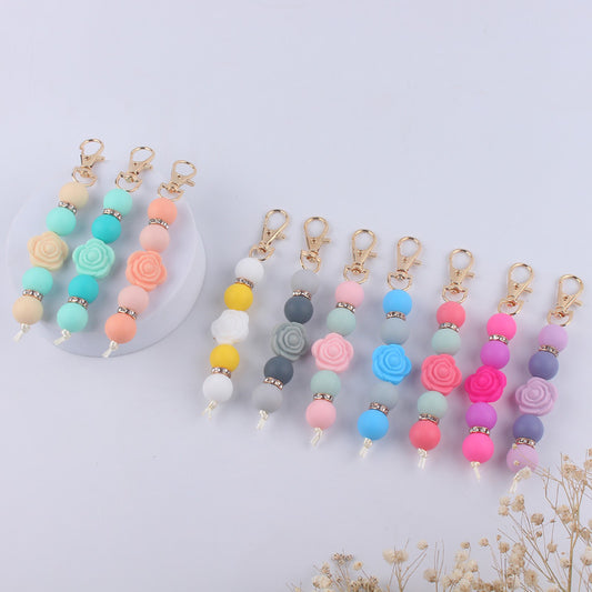 Double-Sided Rose Beaded Silicone Keychain Pastel Colors