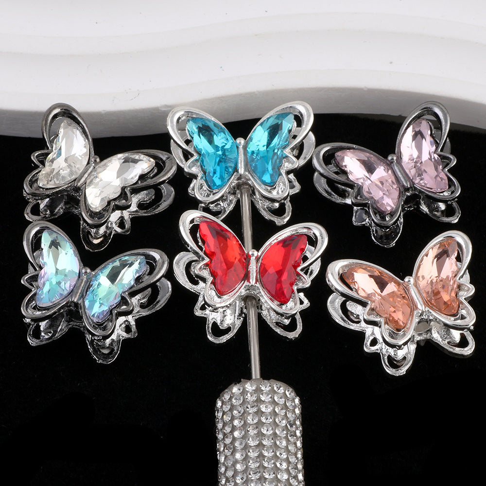 Butterfly Metal Beads 26mm Double-Sided Crystal Glass Embedded 3pcs 2