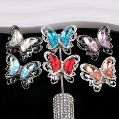Butterfly Metal Beads 26mm Double-Sided Crystal Glass Embedded 3pcs 2