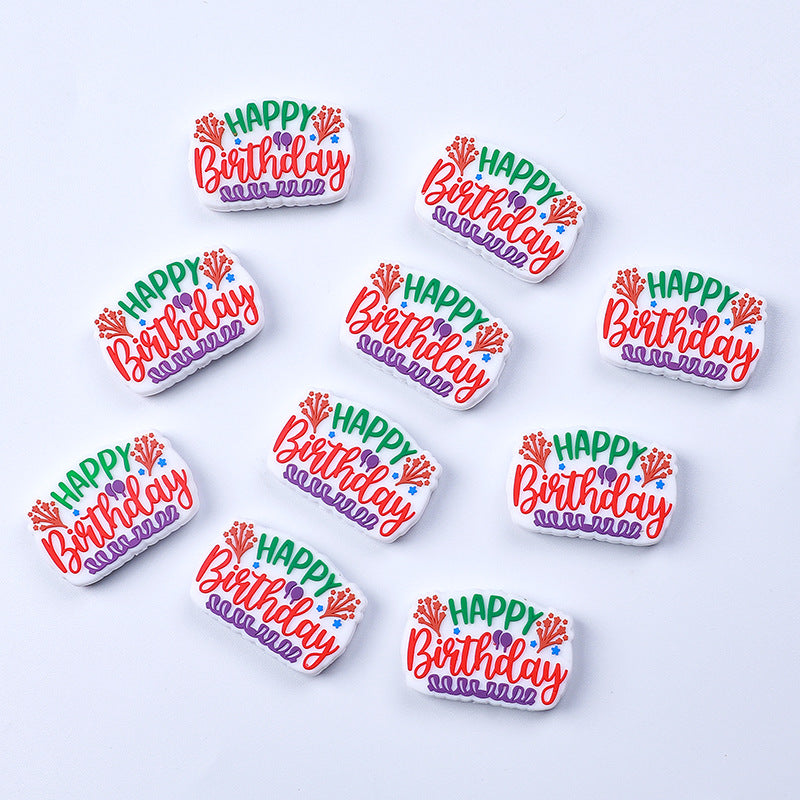 Silicone Focal Beads Unicorn KT Happy Birthday Layered Text 20pcs 2