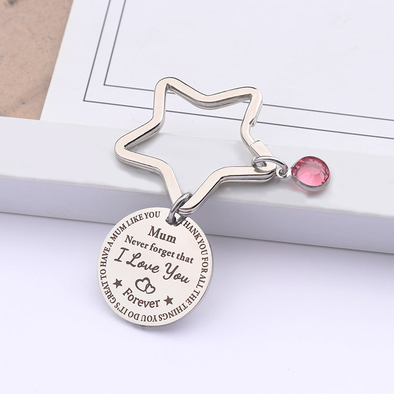 Stainless Steel Mum Round Keychain Star Ring Pink Crystal Charm 4