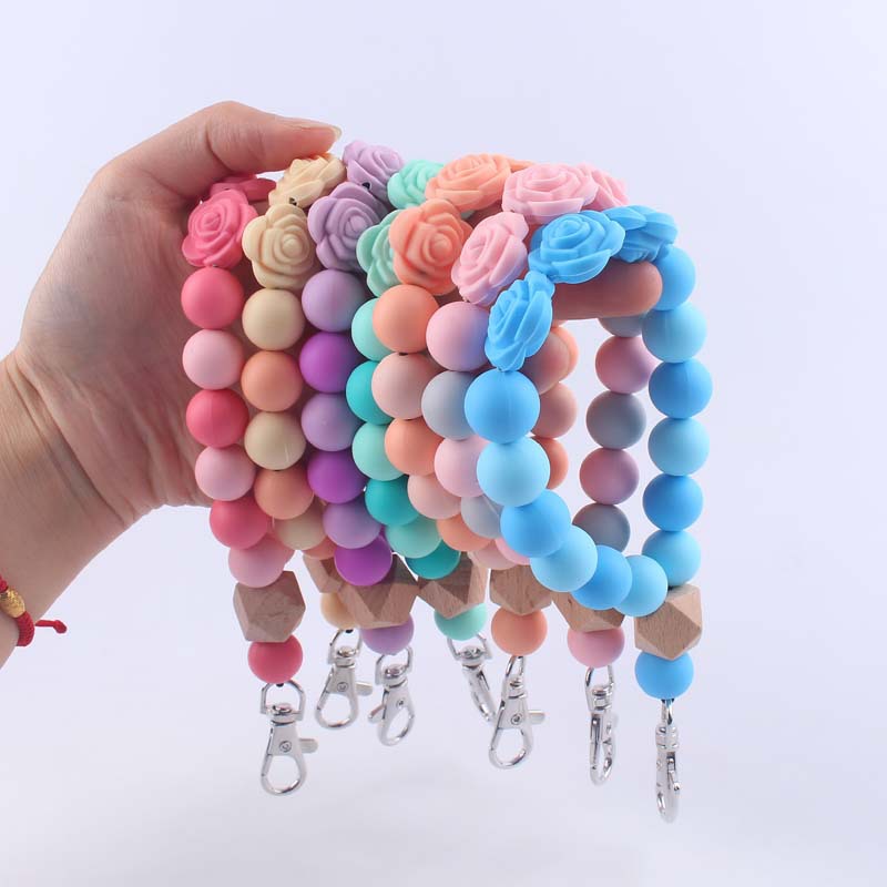 Rose Silicone Bead Wristlet Keychain Floral Charm Pastel Colors 2