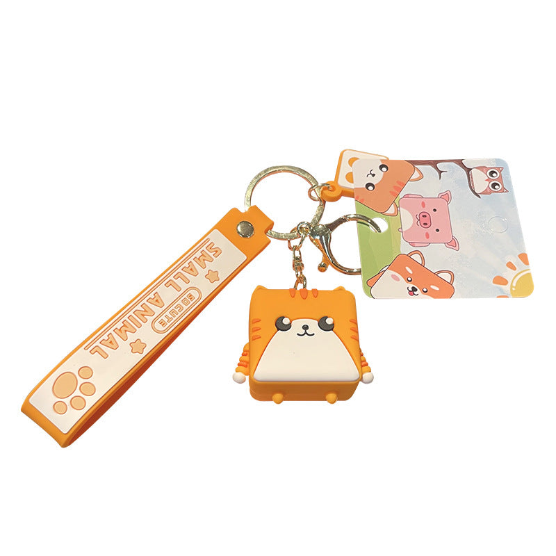 PVC Rubber Cube Animal Keychain with Leather Rope Dog Cat Owl Piggy 5