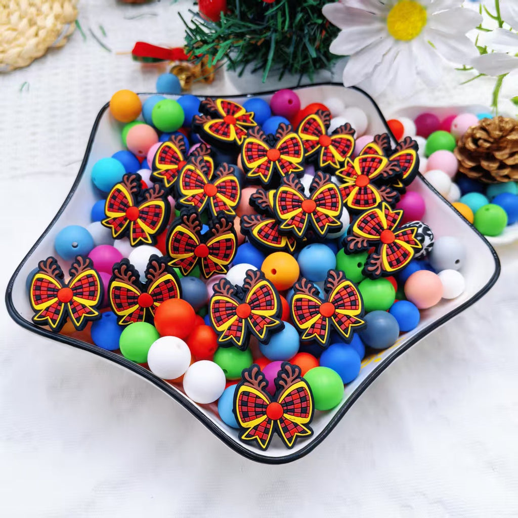 Silicone Focal Beads Christmas Deer Bow Plaid Pattern 20pcs 3