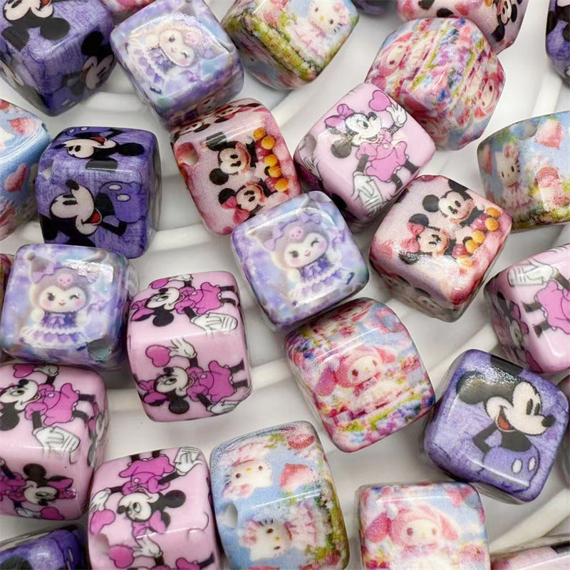 Square Acrylic Beads 14mm Diagonal-Hole Mickey and Sanrio Printed 50pcs